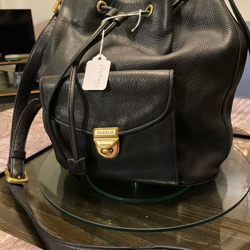 Vintage Cole Haan Black Leather Backpack with Gold Hardware - Picture 3 of 8